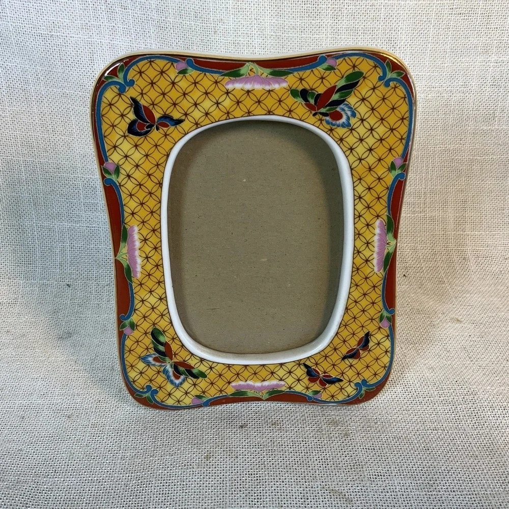 Vintage Takahashi Picture Frame Hand Painted Cloisonné Ceramic Butterfly EUC